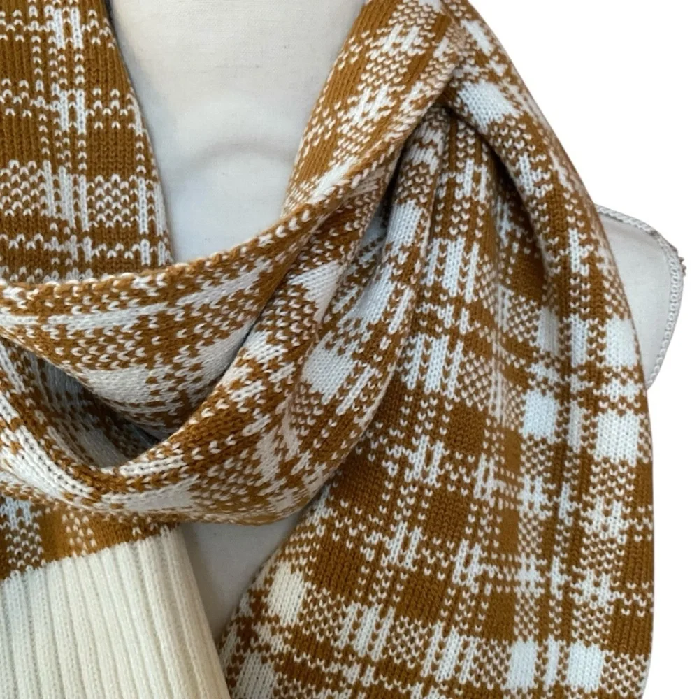 Timberland Camel Plaid Knit Winter Scarf Cozy Neutral NWT